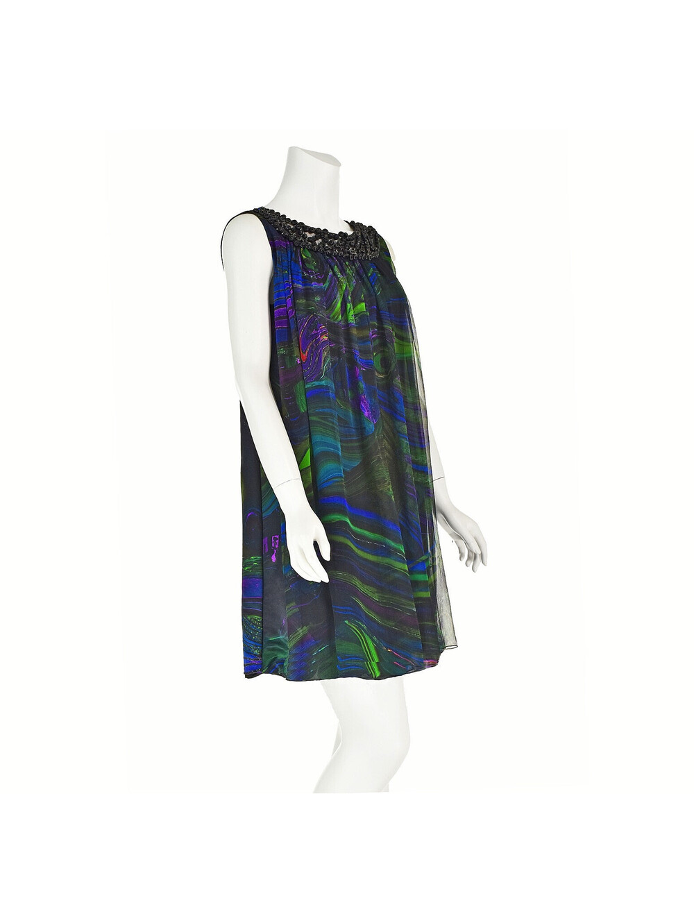 ALBERTA FERRETTI Colorful Silk Chiffon Mini Tent Dress w Beaded Neckline, SZ 6 - Picture 4 of 8